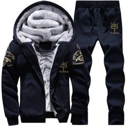 Homens Tracksuits Inverno Grosso Homens Sports Terno Treino Com Capuz Sportswear Zipper Cardigan Com Capuz Calças De Lã Calças Casuais Homens Set 231011