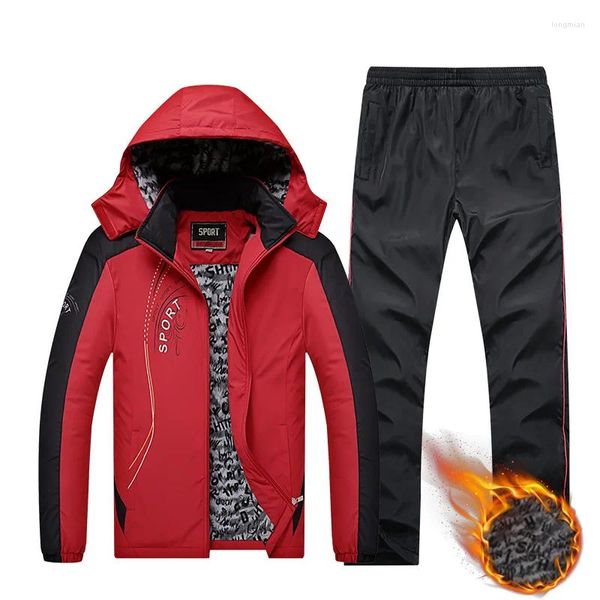 Chándales para hombres Chándal de invierno Hombres Espesar Chaqueta de lana Pantalones Pantalones de marca de dos piezas Conjunto de ropa con capucha de piel Ropa deportiva Pantalones deportivos Traje de pista