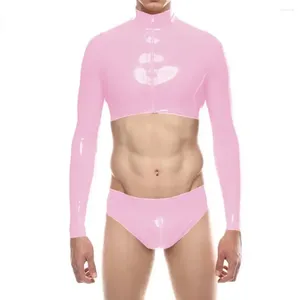 Suisses de survêtement masculines Femmes Mens Wetlook Tops en cuir PVC et shorts Set Sexy à manches longues à manches à manches longues avec des tenues de club de culotte à faible hauteur