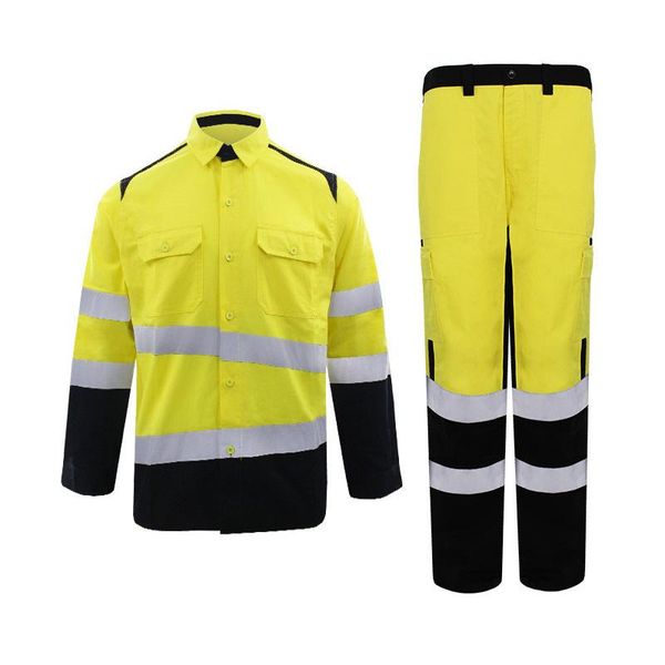 Conjunto de uniforme de trabajo de chándales para hombres Ropa de trabajo de dos tonos para hombres Camisa reflectante de manga larga y pantalones con múltiples bolsillos Traje con alta visibilidad St