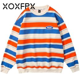 Tracksuits voor heren XOXFPX Spring en Autumn Youth Sweater Hiphop Trend Oversize Stripe Hit Color Dames Round Neck 230217