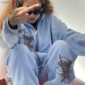 Trainingspakken voor heren Y2k Hiphop Beerpatroon Letters Borduren Oversized hoodie met volledige ritssluiting Trainingsbroek Heren Dames 2023 Paar Sportkleding Street chic Q230110