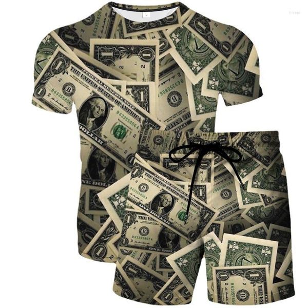 Survêtements pour hommes Y2k Shorts à manches courtes surdimensionnés pour hommes Factures USD Argent 3D Imprimé T-shirts Ensemble Col rond Mode Rue Casual 2 pièces