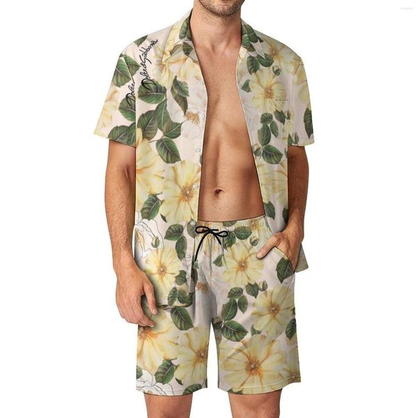 Survêtements pour hommes Jaune Fleur Imprimer Hommes Ensembles Vert Feuille Chemise Décontractée Ensemble Vintage Vacances Shorts D'été Motif Costume 2 Pièce Vêtements Plus