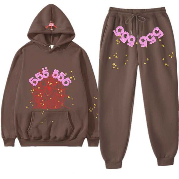 Survêtements pour hommes Young Thug Print Sp5der sweat à capuche 555555 Sweats à capuche Set Brown Fashion Survêtement Red Spider Web Hoody Sweatpants Suit Set de haute qualité