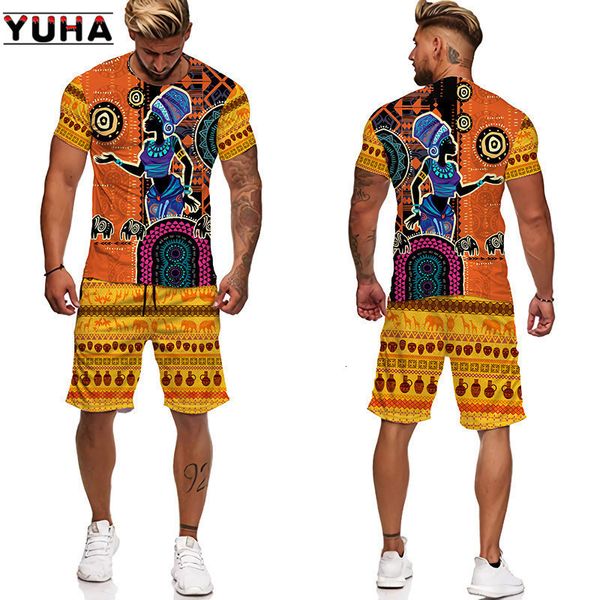 Survêtements pour hommes YUHA 3D Imprimé Hommes T-shirt Shorts Ensemble 2pc Style Hip Hop À Manches Courtes O-cou Été Africain Folk-personnalisé Motif Vêtements Pour Hommes S 230412