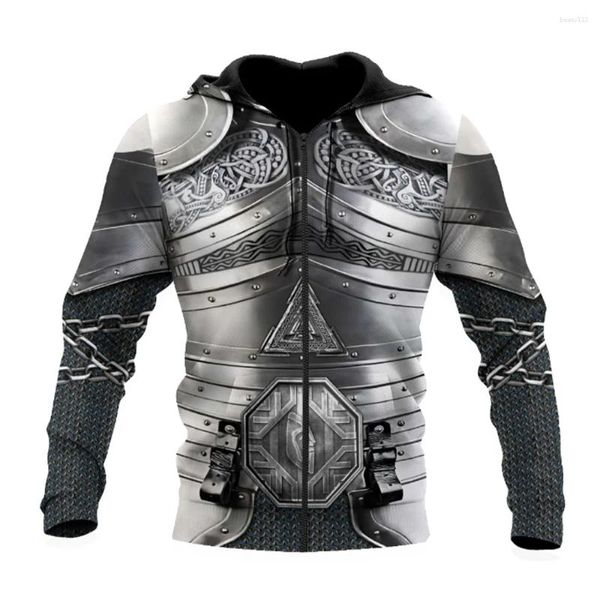 Chándales para hombre Sudadera con capucha con cremallera Impresión 3D Armadura de hierro medieval Otoño/Invierno Cuello redondo Manga larga Top negro Ropa retro