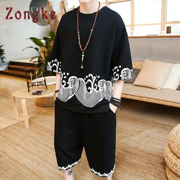 Survêtements pour hommes Zongke chinois hommes ensemble coton lin vague imprimé hommes t-shirts Shorts ensembles survêtement noir costume 2023 été