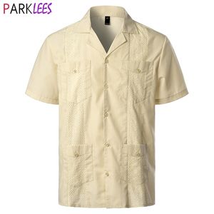 Chemise Guayabera à col cubain traditionnel pour hommes, chemise de plage brodée à manches courtes de style mexicain des Caraïbes avec 4 poches 210522