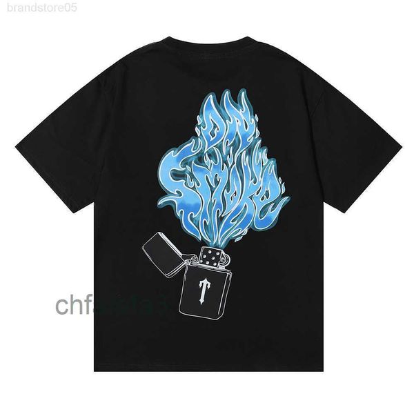 T-shirt à manches courtes en fil de qualité pour hommes, briquet Trapstar, flamme bleue, 5K38