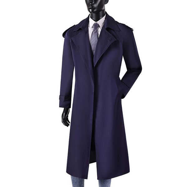 Trench-Coat Long bleu marine pour homme, Streetwear avec ceinture, coupe-vent à un bouton, classique, Vintage, printemps-automne, M-6XL