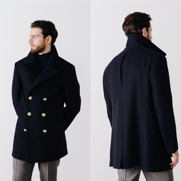 Gabardina para hombre, chaqueta larga azul marino con doble botonadura, abrigo informal a prueba de viento, esmoquin de boda de una sola pieza