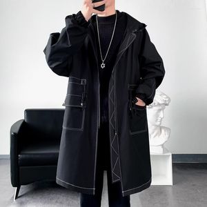 Hommes Trench Coats 2022 Mode Manteau Homme À La Mode Mi-long Fermeture Éclair Solide Lâche Coupe-Vent Printemps Automne À Capuche Manteau Pardessus Hommes Q47