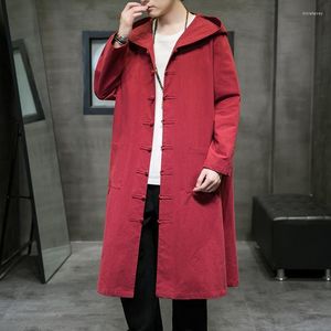 Trenchs de hommes 2022 Hommes style chinois à capuche hommes coton lin manteau manteau de haute qualité en vrac longs ponchos mâle cape noir coupe-vent Vio