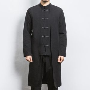 Trenchs de tranchées pour hommes 2022 Printemps Hommes Faux Deux Pièces Cardigan Robe Boucle Kimono Manteau Mâle Style Chinois Noir Lâche Vintage Hanfu Longue Robe