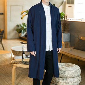 Hommes Trench Coats 2023 haute qualité décontracté mi-long Flapper coupe-vent Style chinois taoïste Robe Cape lâche lin Cardigan