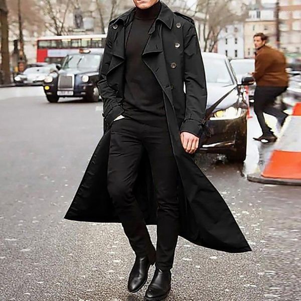 Hommes Trench Coats 2023 Printemps Long Double Boutonnage Hommes Coupe-Vent Vintage Manteau De Mode Veste D'affaires Casual Solide Lâche Pardessus