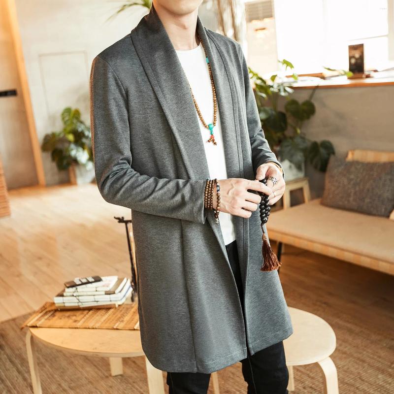 Men's Trench Coats 2024 Spring And Autumn Cardigan Chinese Solid Color Retro Hanfu Coat Scarf Collar Mid-length Slim