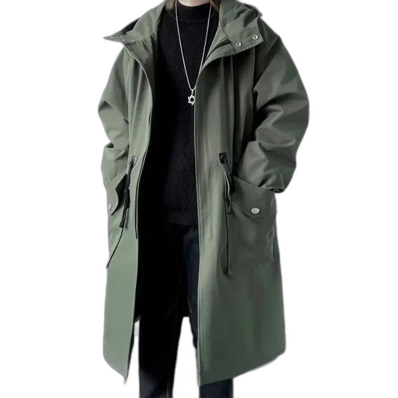 Men's Trench Coats 2024 Spring Autumn Army Green Windbreaker Fashion Men Mid-length Casual Hooded Coat Daily High Street Overcoat Male