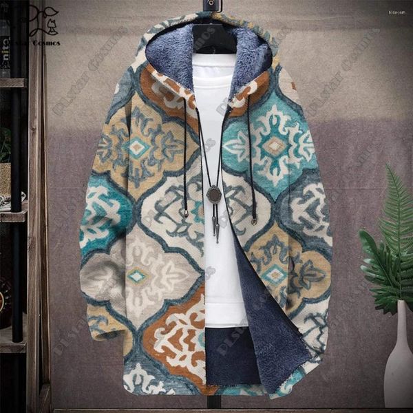 Trenchs pour hommes 3D imprimé motif rétro tribal coloré à capuche fermeture éclair veste chaude et résistante au froid pour votre propre série décontractée d'hiver-F6