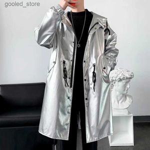 Trenchcoats voor heren #4209 Zwart Zilver Kunstleer Trenchcoat Heren Los Motor Glanzend oppervlak PU Windjack Heren Capuchon Casual Lange jas Los Q231118