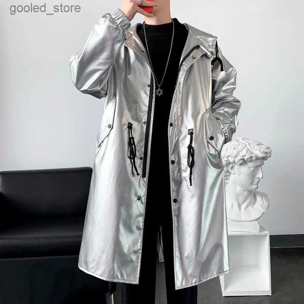 Trenchs pour hommes # 4209 Noir Argent Faux Cuir Trench Coat Hommes Lâche Moto Brillant Surface PU Coupe-Vent Hommes À Capuchon Casual Long Manteau Lâche Q231118