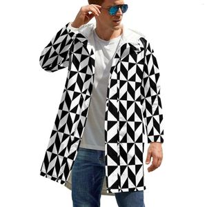 Gabardina para hombre, ropa de calle en blanco y negro con geometría abstracta, chaquetas informales de invierno, ropa con capucha de gran tamaño con gráfico cortavientos largo