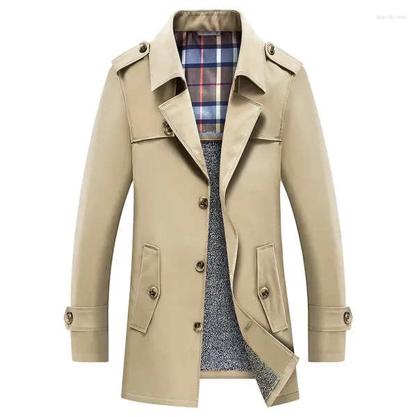 Trenchs d'hommes Arrivée Peluche Grand Coupe-vent Hommes Longueur Moyenne Col Turn-Down Single Breasted Printemps Automne Casual Manteau Plus Taille