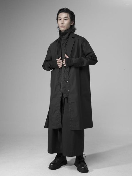 Hommes Trench-Coats Conception Asymétrique Manteau Mince Grand Manteau Noir Foncé Chemise Longue Mode Robe Style Japonais Simple Couleur Unie