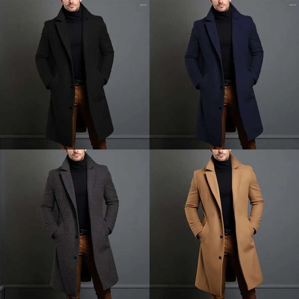 Trenchs masculins ATUTUNM Hiver Long Wool Mabe pour hommes Couleur solide à poitrine simple Blends-Overcoat Tops Vêtements