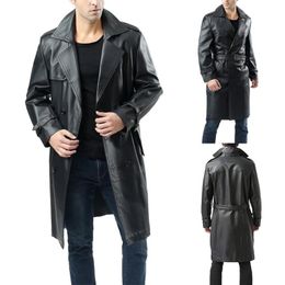 Heren Trench Coats Autumn en Winter Leather Jacket. Overjas. Lang over de knie grote casual reversgordel windjager 1302-D02