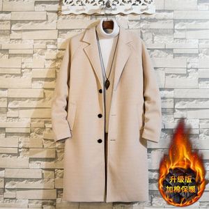 Heren Trench Coats Autumn en Winter Heren Medium Lange wollen jas Mens Fashion Casual Loose Wind Breakher Men Plush Dikke oversized