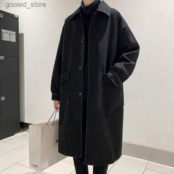 Abrigos de zanjas para hombres Otoño Negro Trench Coat Moda para hombres Casual Abrigo largo Hombres Streetwear Coreano Suelto de gran tamaño Chaqueta cortavientos para hombre Abrigo Q231118