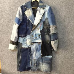 Les trenchs masculins du denim d'automne patchwork usé manteau de déconstruction Avant-garde à double poitrine technique de vent de vent 21Z1042