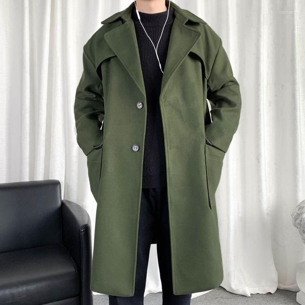 Hommes Trench Coats Automne Hiver Classique Armée Vert Coupe-Vent Mi-long Casual Lâche High Street Pardessus Vestes Hommes Top Homme Vêtements