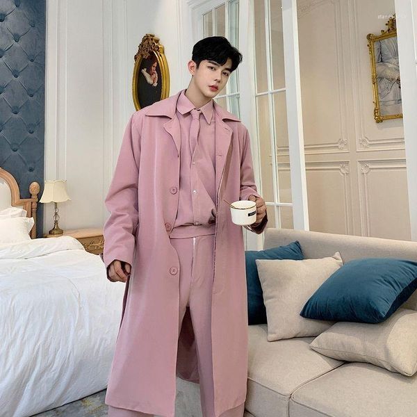 Trench-coats pour hommes Automne Hiver Mi-long Lâche Au-dessus du genou Taille Coupe-vent Personnalité de la mode Rose Style britannique High Street Cape