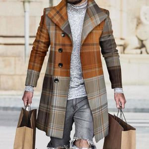 Trenchs de hommes automne hiver simple boutonnage laine pardessus à carreaux imprimé mâle long épaissir coupe-vent mode casual manteau vêtements d'extérieur hommes