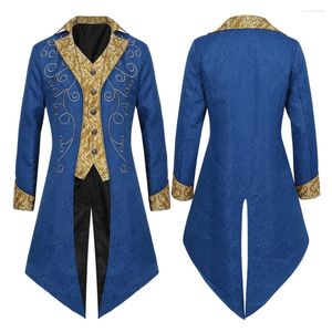 Heren trenchcoats blauw retro borduurwerk outfit jas voor mannen middeleeuws Victoriaans kostuum smoking gentleman slipjas gothic steampunk VD4324