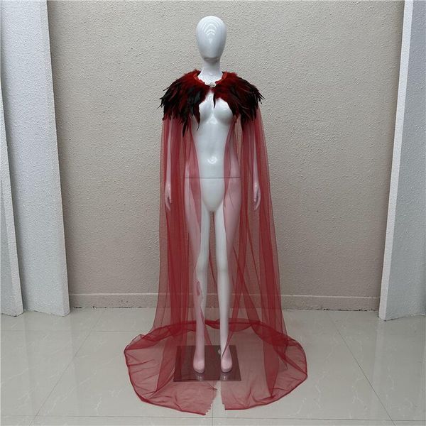 Ropa de escenario Estilo gótico Mujeres Fiesta de Halloween Cuello de plumas Chal Cabo Steampunk Bruja Tul Capa Capa Escenario Rendimiento Cosplay Vestido 180 cm