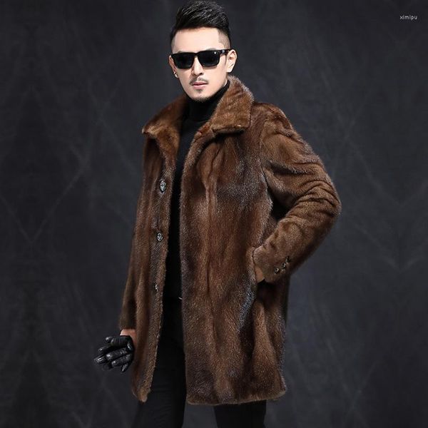 Trenchs d'hommes Brown Fausse Fourrure Veste Mi Long Manteau Hommes Élégant Hiver Épaissir Chaud Parka Manteau Doux Fluffy Fuzzy Luxe Outwear