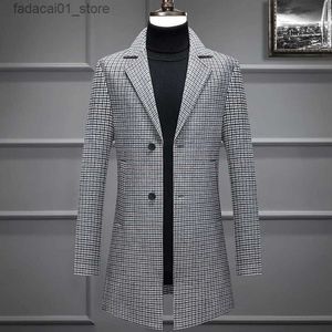 Gabardinas para hombres Abrigos de lana a cuadros grises informales de negocios Tops para hombres Chaquetas largas de 60% lana Abrigo cortavientos a cuadros Outwear Trench de lana sueltoQ240125