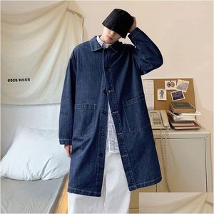 Men's Trench Coats Décontracté Hommes Long Denim Trench Manteaux Veste Simple Boutonnage Poches Coupe-Vent Hommes Lâche Grande Taille Bleu Manteau Automne Dhiao