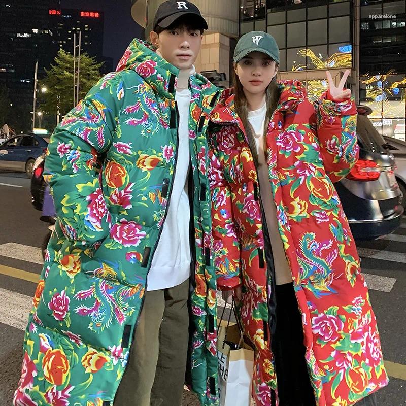 Trench-Coats Men's Chinese Style Hanfu Couple de couple long Coton Coat Large Fleur Cotto festif à capuche chaude et à l'épreuve du froid