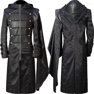 Heren Trenchcoats Eerste Kerstdag Europese en Amerikaanse Steam Retro Uniform Staande Kraag Zwart Leer Punk Gothic Cloak Coat