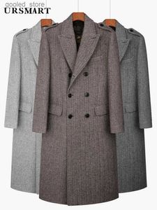Trenchcoats voor heren Klassiek ultralange wollen jas met visgraatpatroon voor heren met dubbele rij knopen Britse mode verdikte donsjas voor heren Q231118