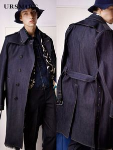 Heren Trench Coats Classic Long Denim Trench Coat for Men Indigo Pure Cotton Non Fading Double Breasted Taille Fitting Dikke Jacket 230912
