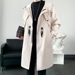 Trench-coat pour hommes, manteau avec capuche, noir, mi-long, vêtements décontractés, 230413