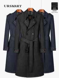 Trenchcoats voor heren, katoen, kleurloos, klassiek denim, windjack, dubbele rij knopen, lange knielengte, verdikte binnentank, warme jas 231113