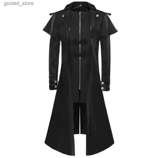 Trenchs pour hommes Trenchs européens américains Trench mâle robe médiévale rétro vêtements mi-longueur punk smoking habiller long vêtement d'extérieur style sombre pardessus Q231118