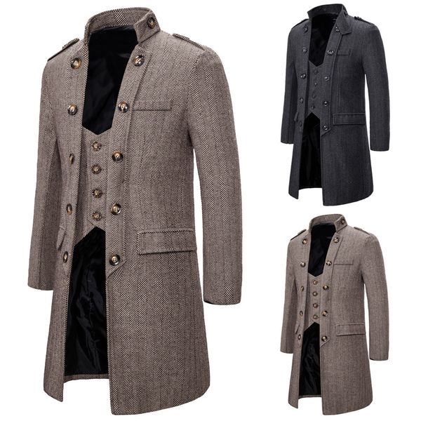 Trenchs pour hommes Manteau de taille européenne manteau de longueur moyenne hommes faux deux pièces manteau en tweed à chevrons coupe-vent 230725